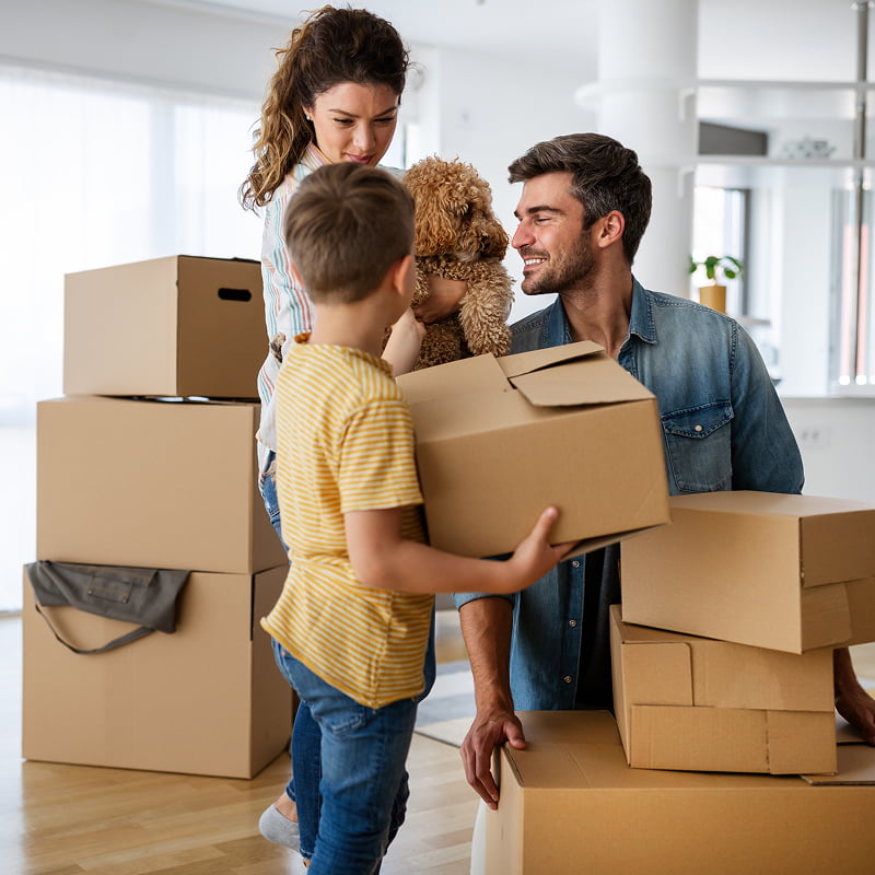 Happy Family With Cardboard Boxes In New House Happy Family With Cardboard Boxes In New House ready for relocation