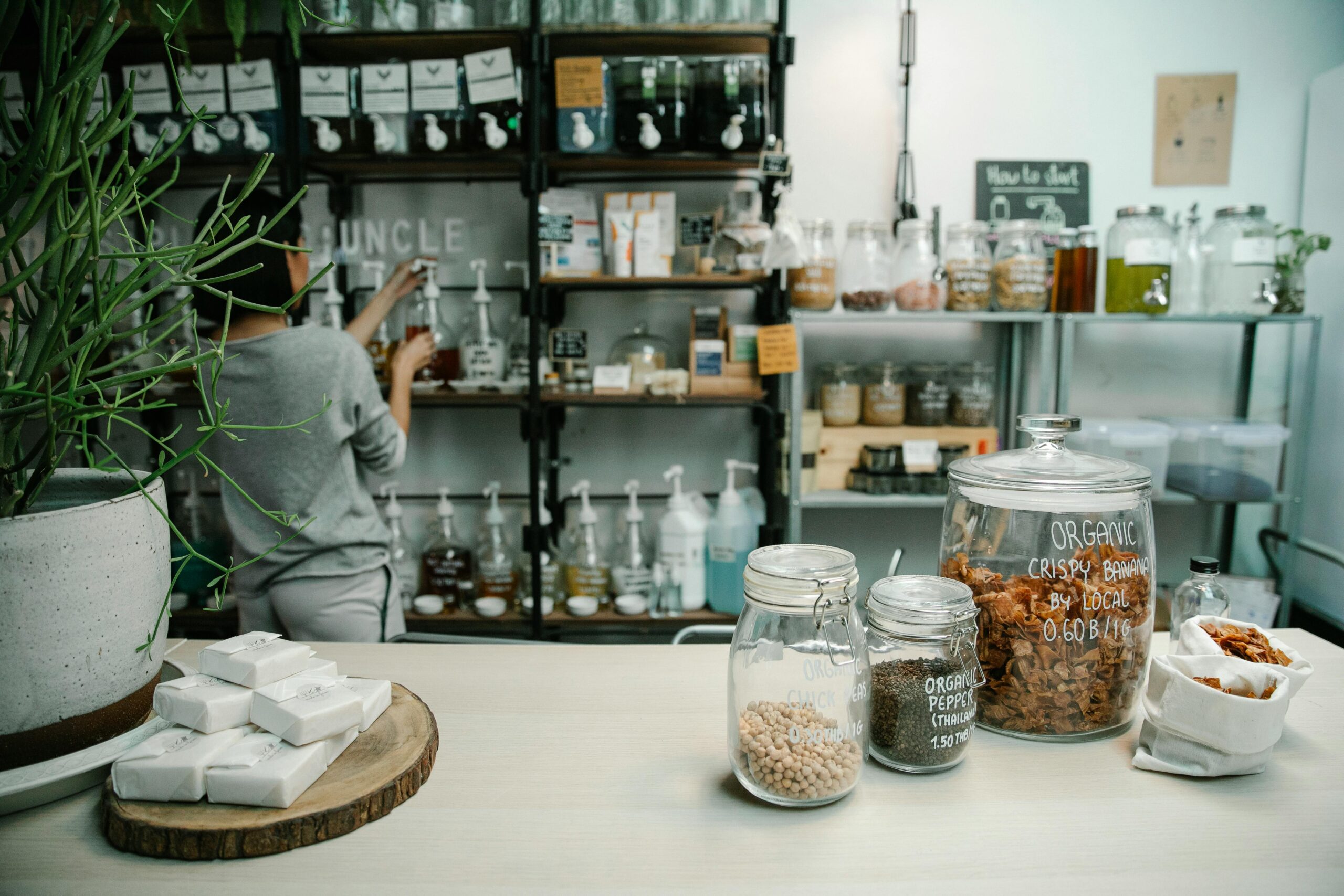 Shelves of organic and natural food products inside a health food store in Phuket
